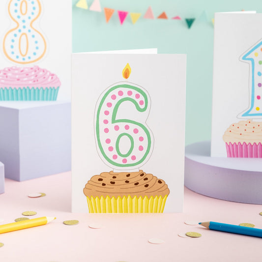 A 6th birthday card with a cupcake illustration