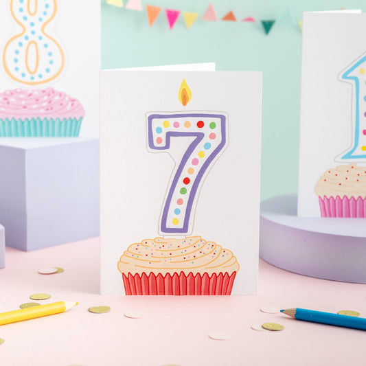 A 7th birthday card with a cupcake illustration