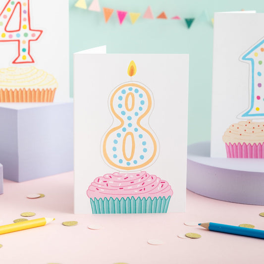 A 8th birthday card with a cupcake illustration