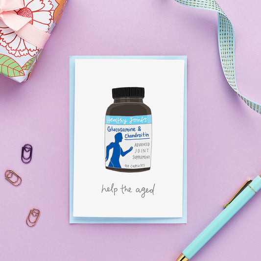 Funny Birthday Card Featuring a Jar of Joint  Supplements