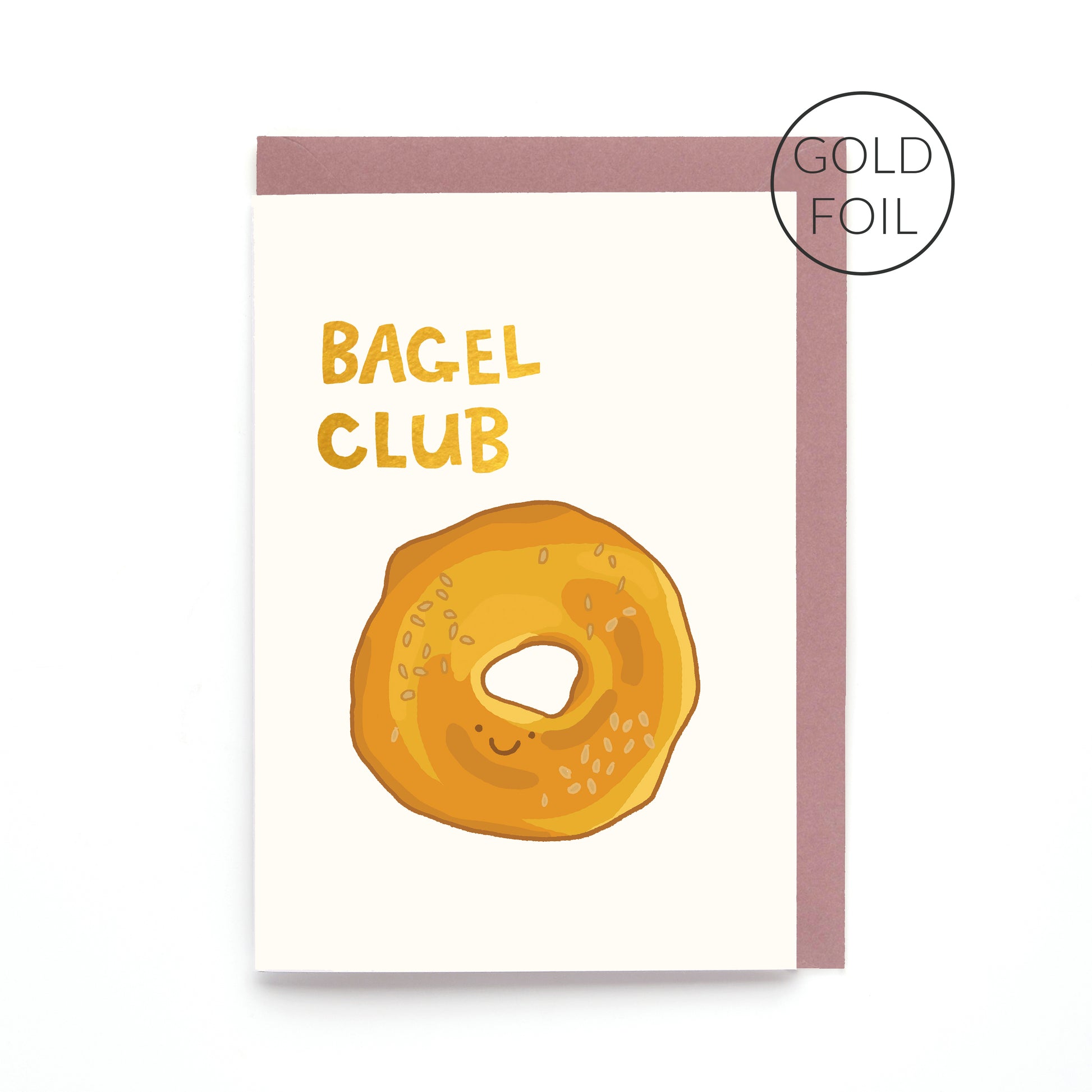 Bagel Club greeting card featuring a hand drawn smiling sesame bagel with gold foil lettering on a contemporary white background.