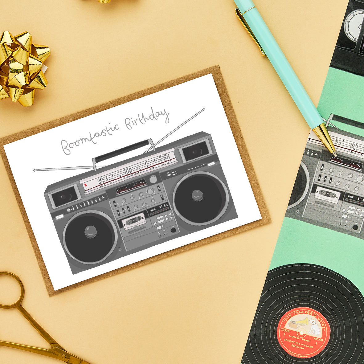 Retro birthday card and gift wrap featuring a boom box