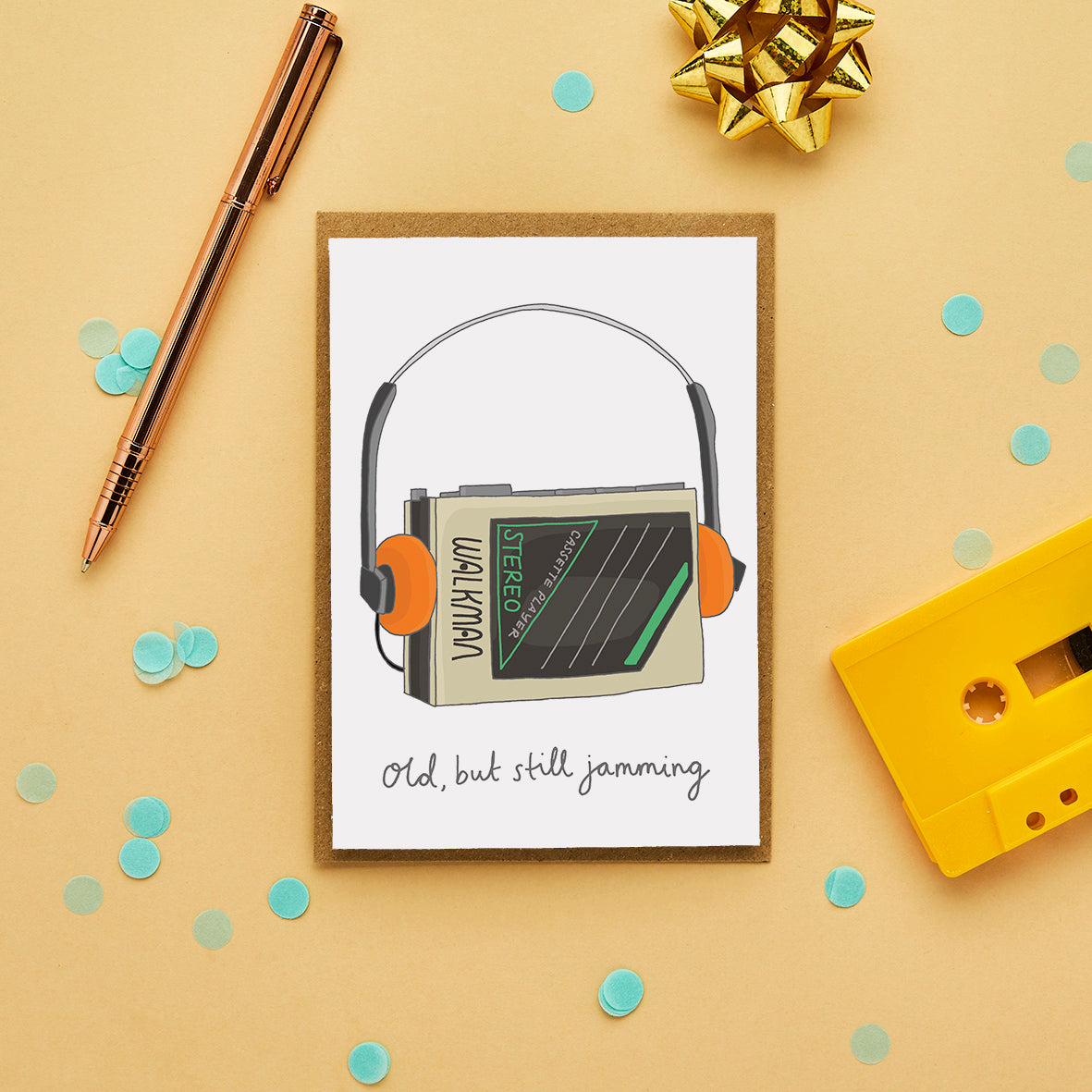Illustrated retro Walkman birthday card with headphones and handwritten message “Old, but still jamming.”