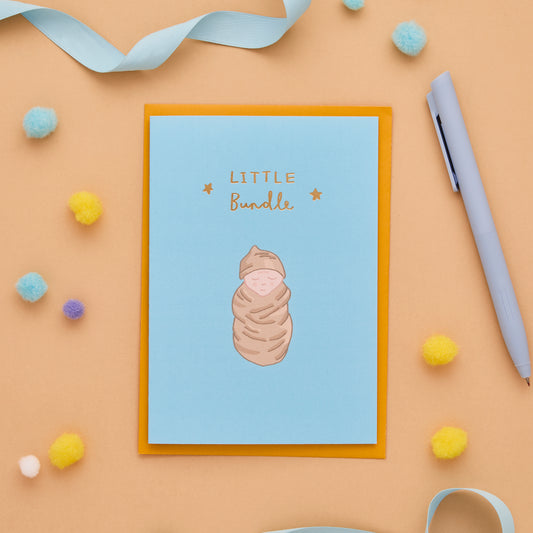 Little Bundle New Baby Card Featuring A Litlte Baby