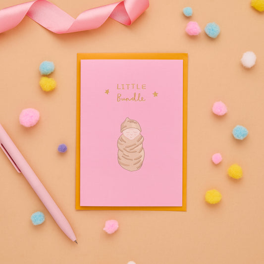 Little Bundle New Baby Card Featuring A Litlte Baby Girl