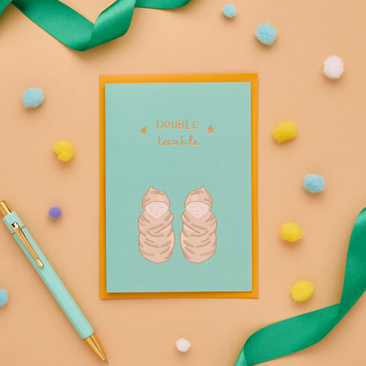 Double Trouble New Twin Baby Card Featuring Twins