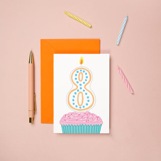 A 8th birthday card with a cupcake illustration
