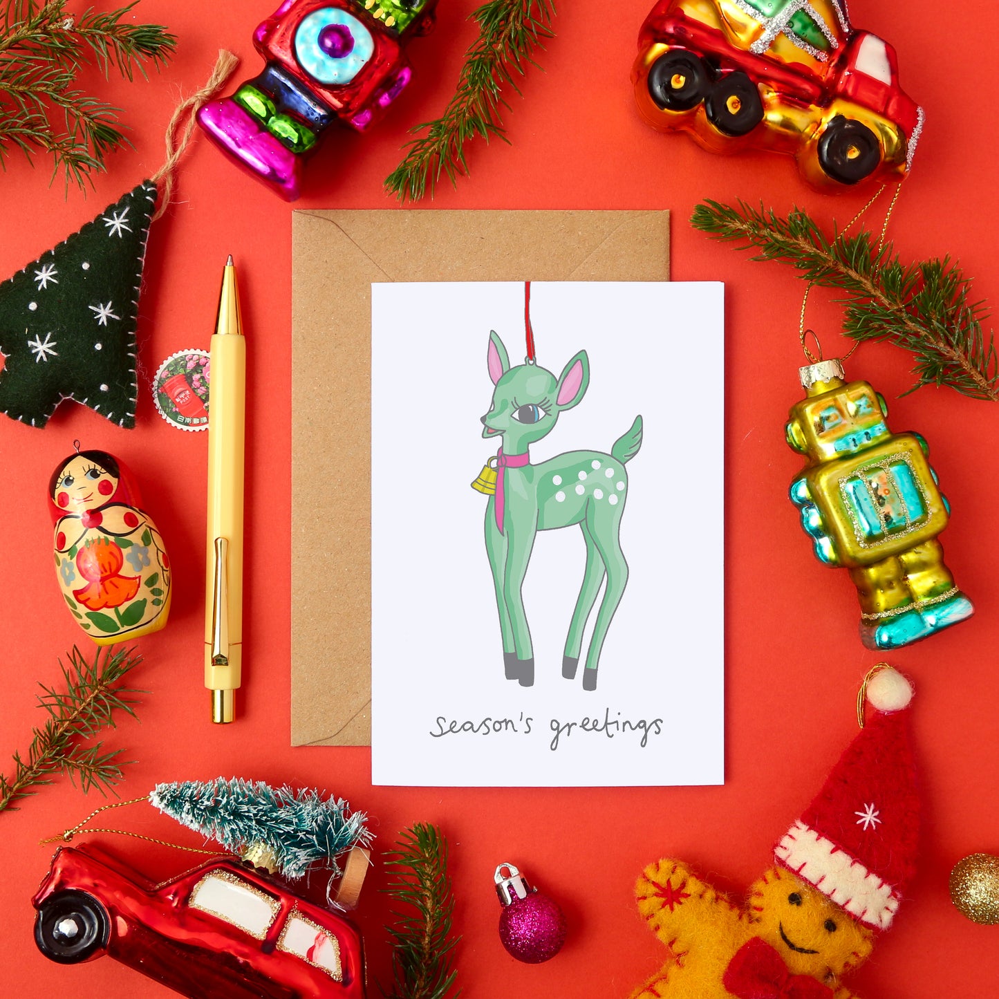 Vintage Style Christmas Card Featuring a Fawn Tree Decoration