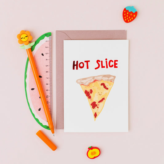Hot Slice greeting card featuring a smiling slice of pizza with gold foil lettering on a contemporary white background.