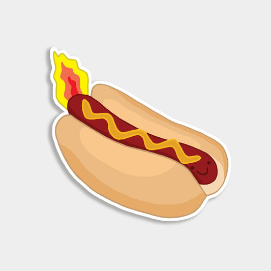 Quirky hot dog sticker with mustard and fire illustration