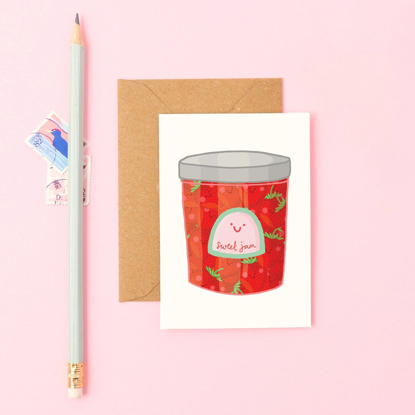 Illustrated smiling strawberry jam jar on a mini greeting card, perfect for foodies, thank you notes, and sweet gifts
