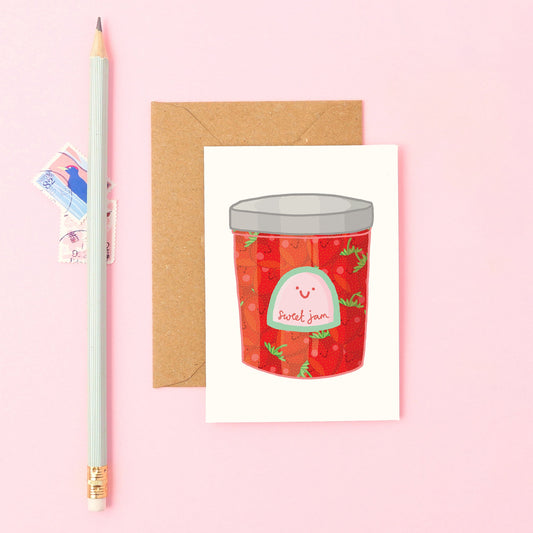 Illustrated smiling strawberry jam jar on a mini greeting card, perfect for foodies, thank you notes, and sweet gifts
