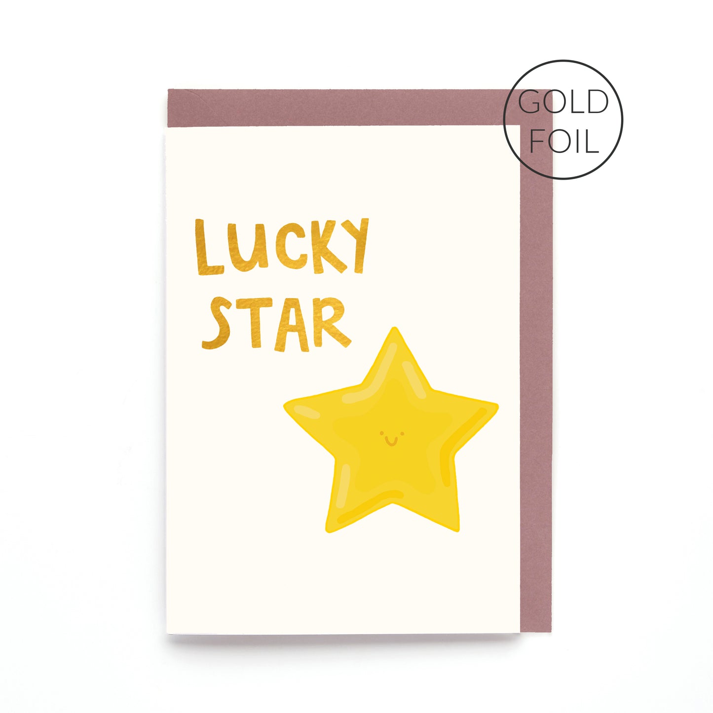 Lucky Star greeting card featuring a smiling yellow star with gold foil lettering on a contemporary white background.