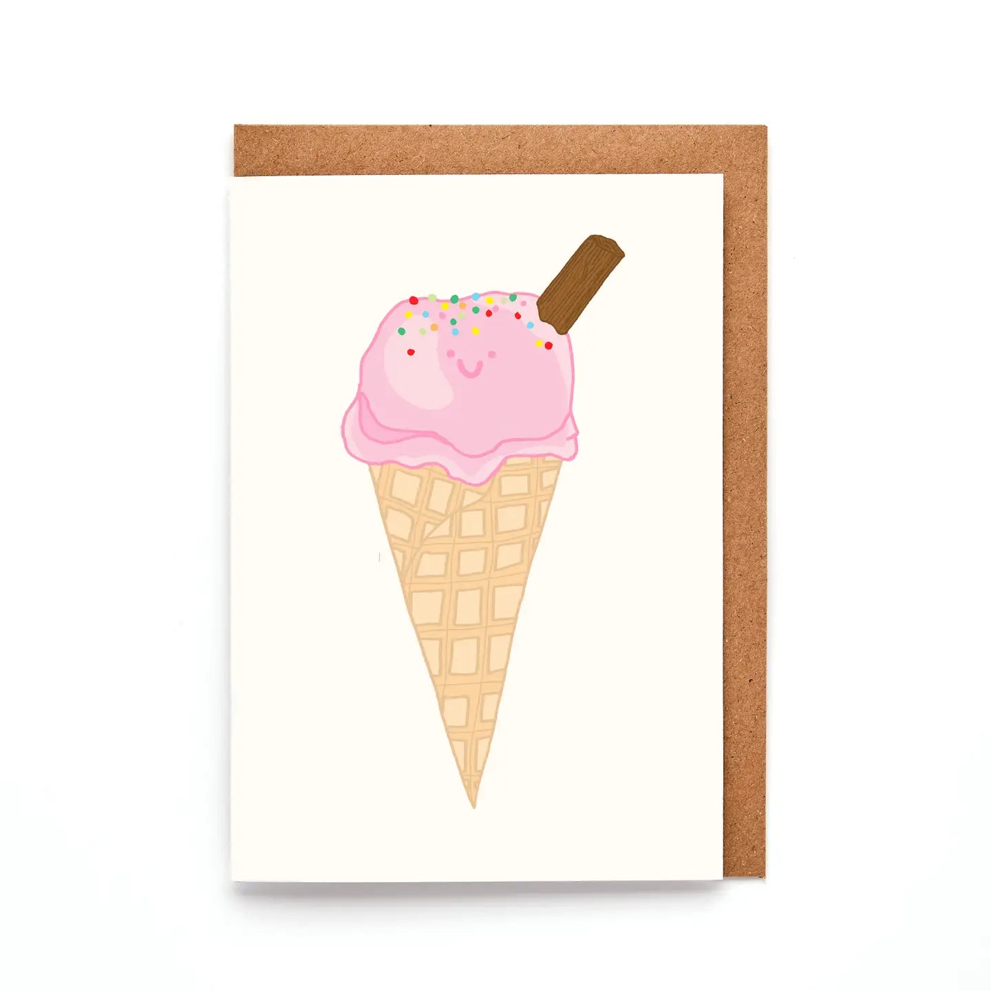 Mini ice cream card with pastel cone, smiling scoop and flake