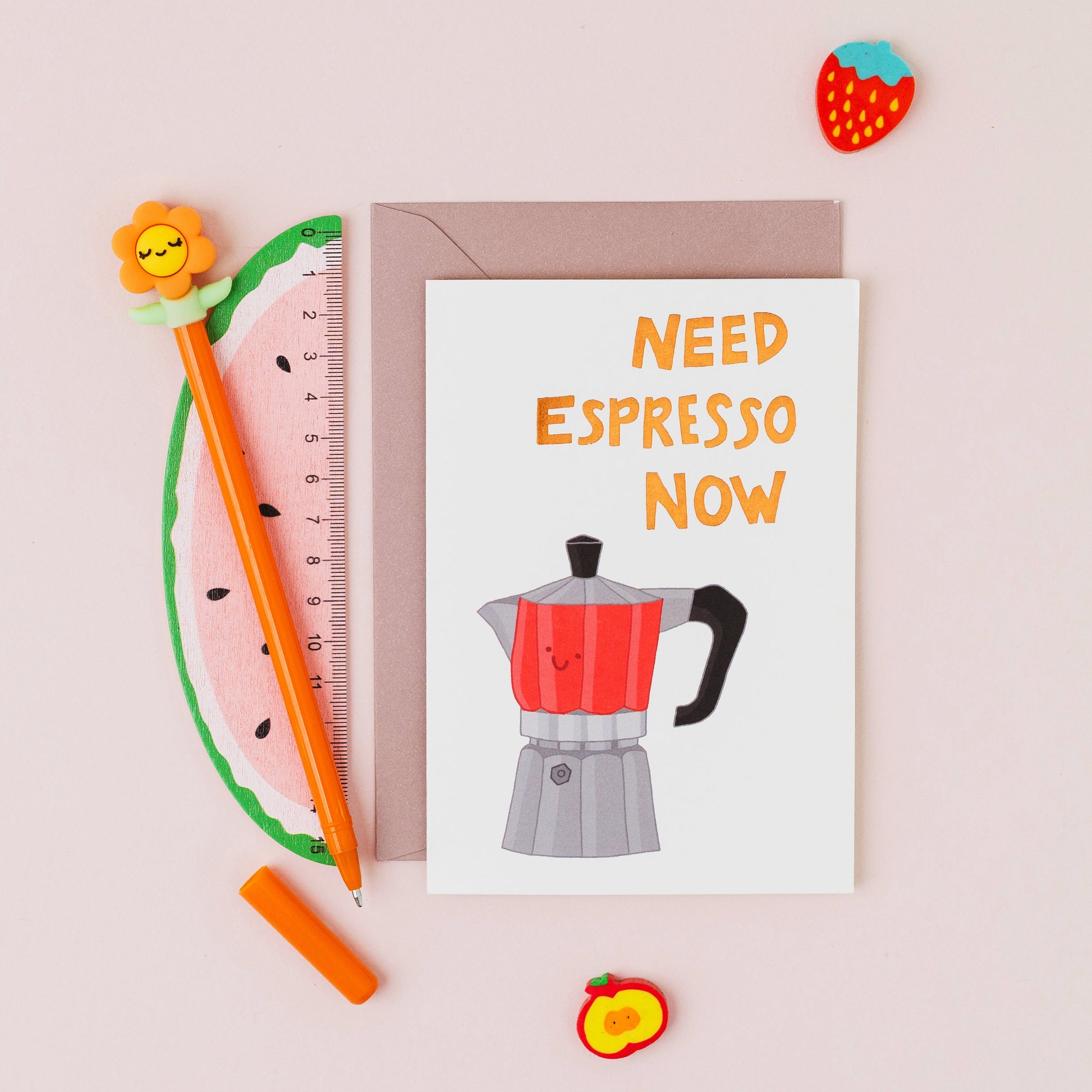 Need Espresso Now greeting card featuring a smiling moka pot with gold foil lettering on a contemporary white background.