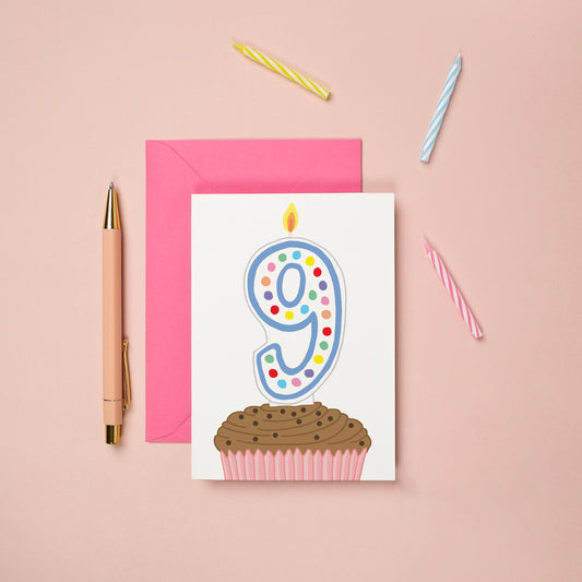 A 9th birthday card with a cupcake illustration