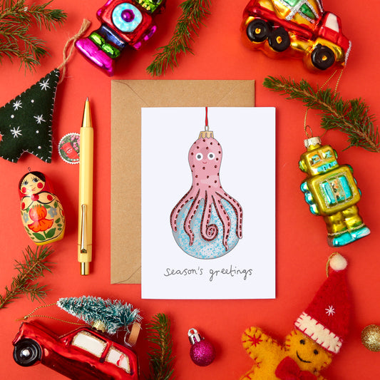 Quirky Christmas Card Featuring an Octopus Bauble Tree Decoration