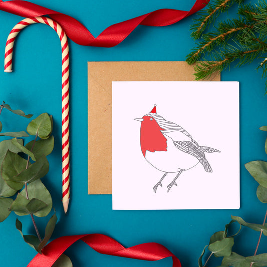 Traditional Christmas Card Featuring a Hand Drawn Robin