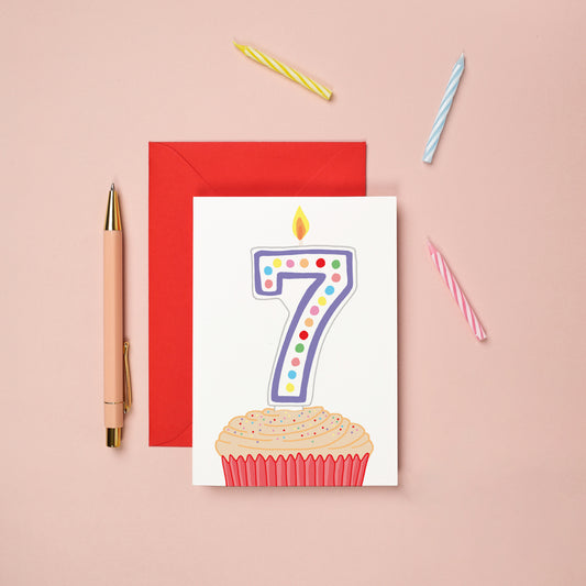 A 7th birthday card with a cupcake illustration