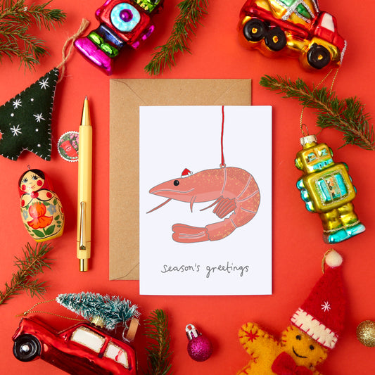 Quirky Christmas Card Featuring a Prawn/Shrimp in a Christmas Hat