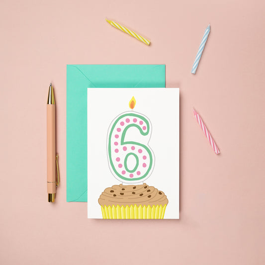 A 6th birthday card with a cupcake illustration