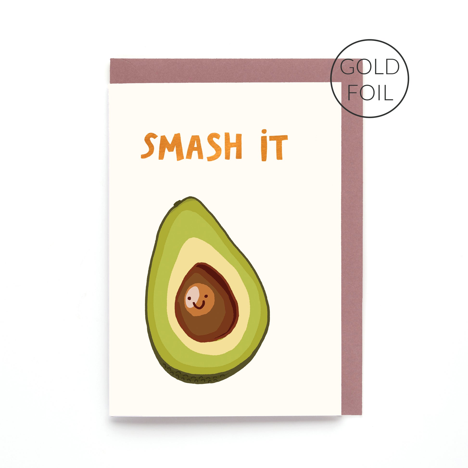 Smash It greeting card featuring a smiling avocado with gold foil lettering on a white background.