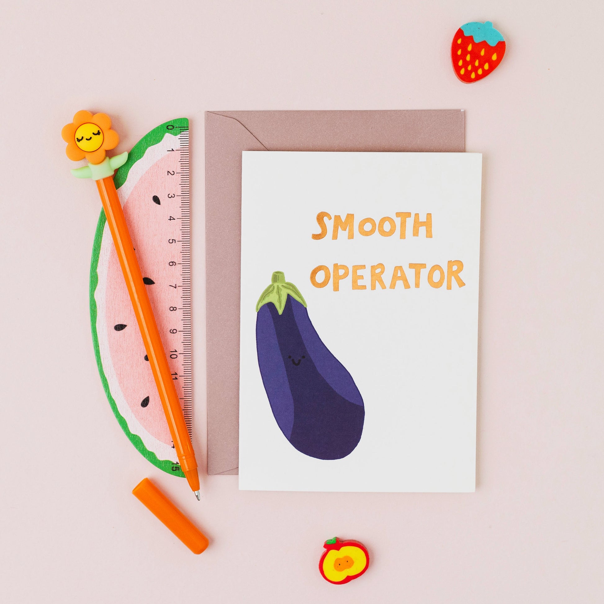 Smooth Operator greeting card featuring a smiling aubergine with gold foil lettering on a white background.