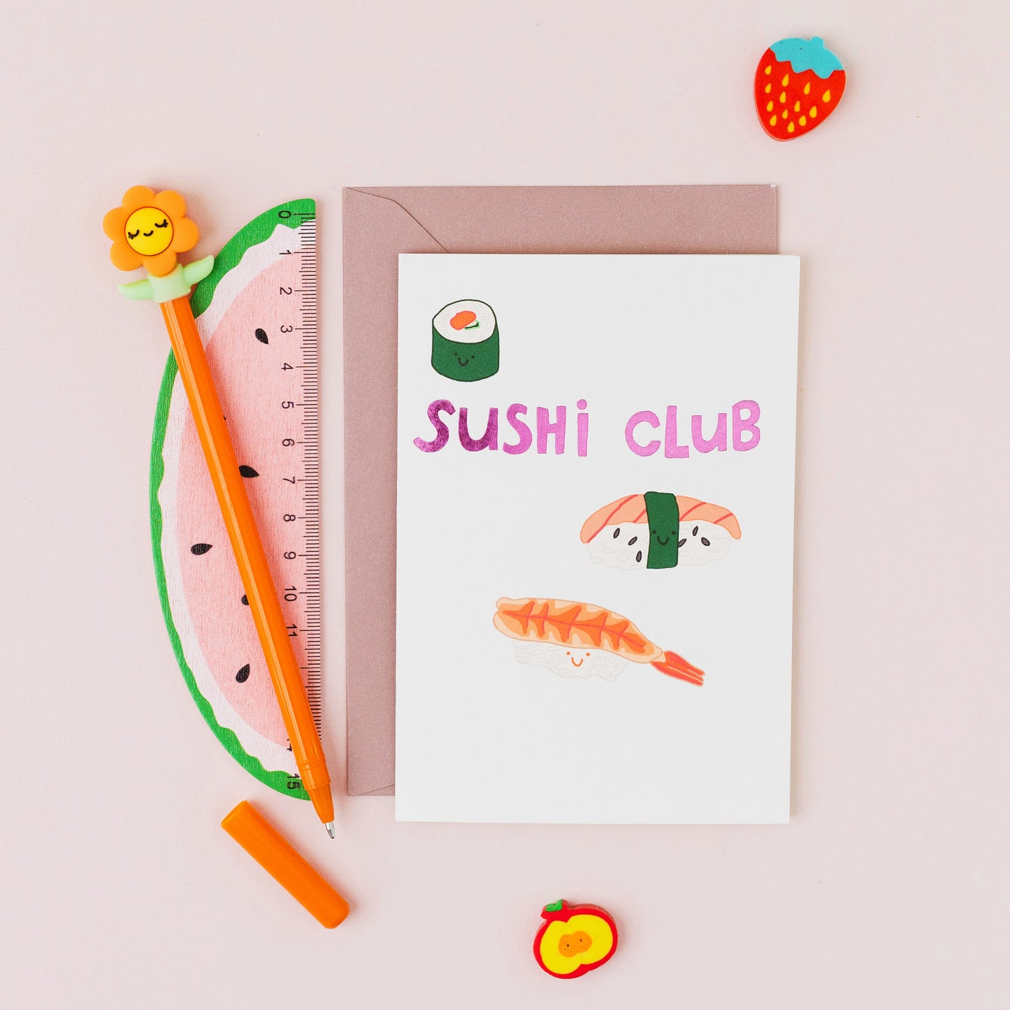 Hand drawn sushi greeting card featuring smiling sushi pieces and the words 'Sushi Club' with gold foil lettering on a white background.