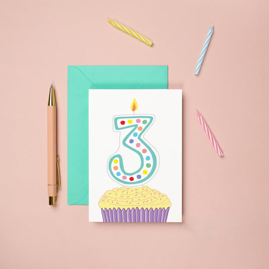 A 3rd birthday card with a cupcake illustration
