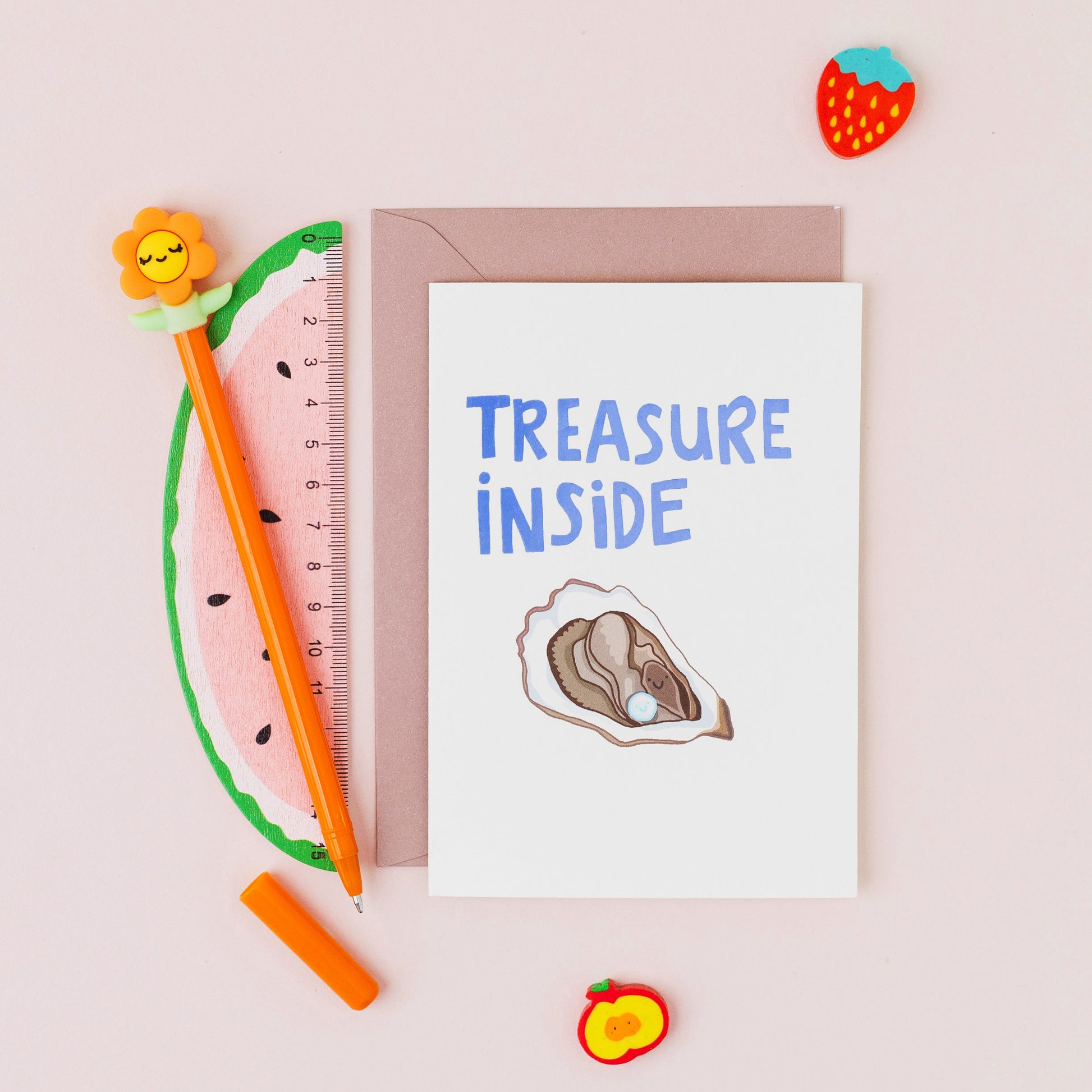 Hand drawn smiling oyster with a pearl greeting card featuring the words 'Treasure Inside' on a white background.
