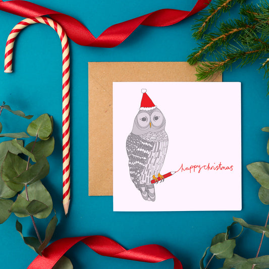 A Festive Christmas Card Featuring a Hand Drawn Owl