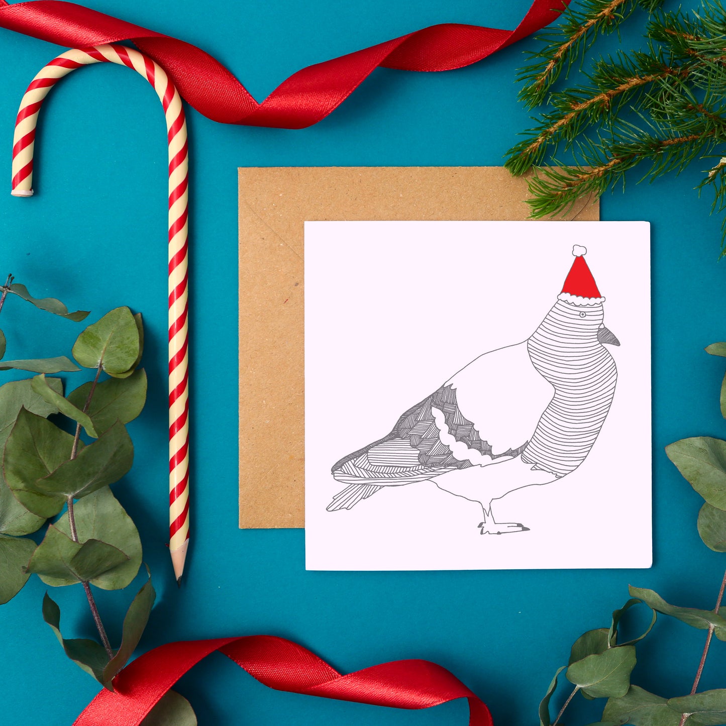 Christmas Card Featuring a Hand Drawn Festive Pigeon