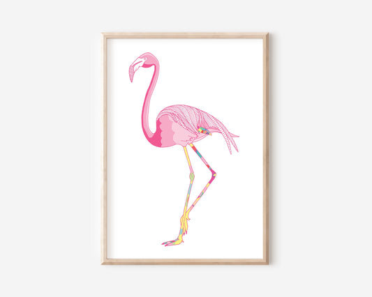 An A3 print with a flamingo illustration