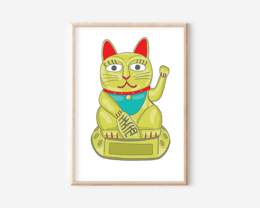 An A4 print with a lucky cat illustration