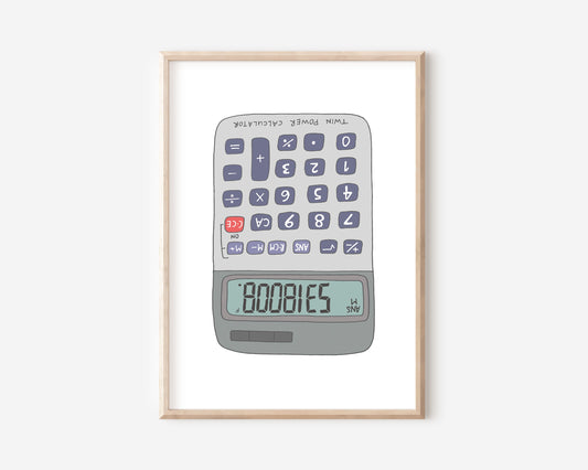 An A4 print with a calculator spelling boobies illustration