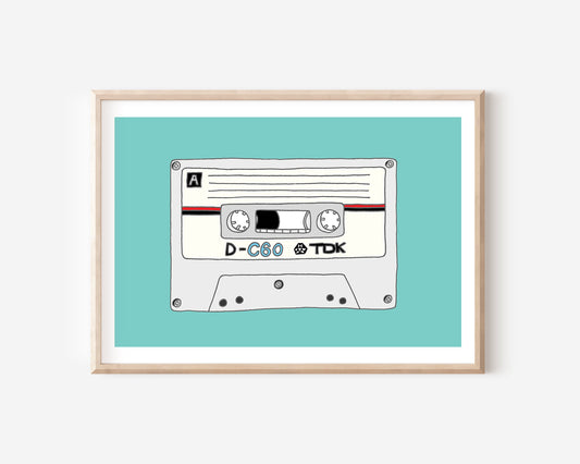 An A4 print with a cassette tape illustration