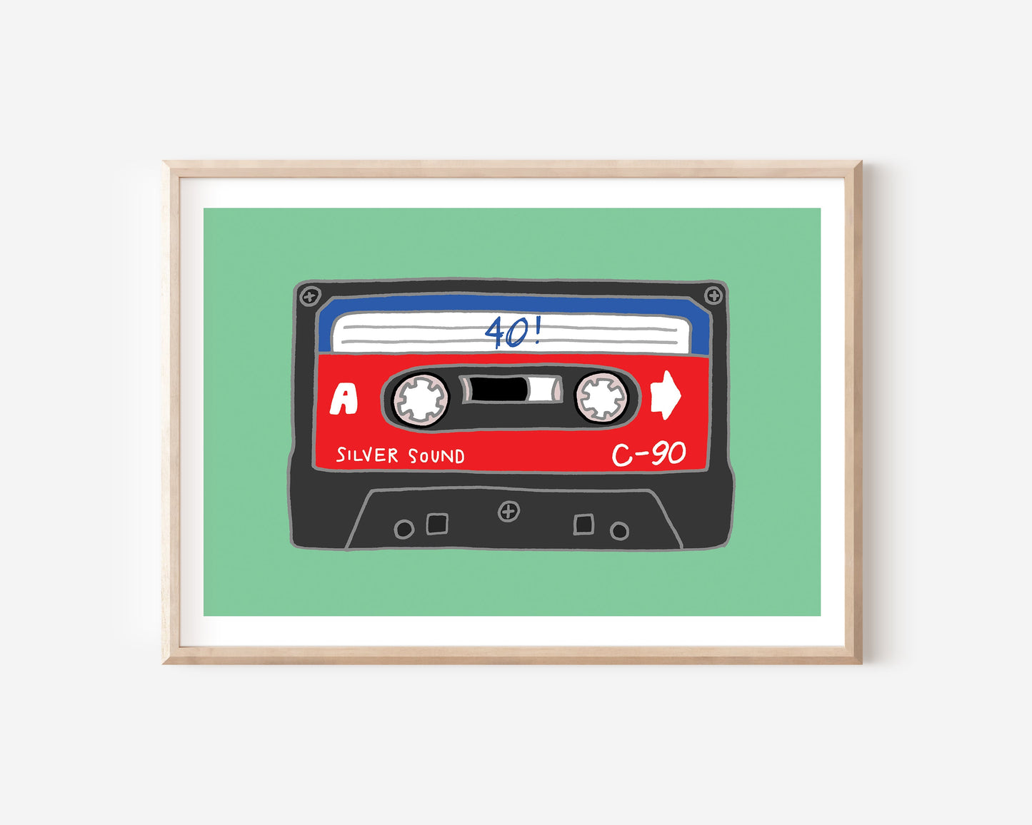A 40th birthday A4 print with a cassette tape illustration