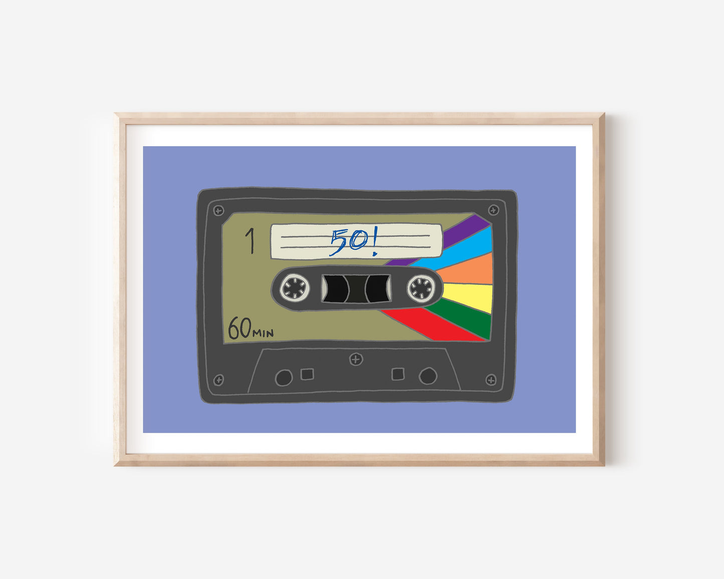 A 50th birthday A4 print with a cassette tape illustration