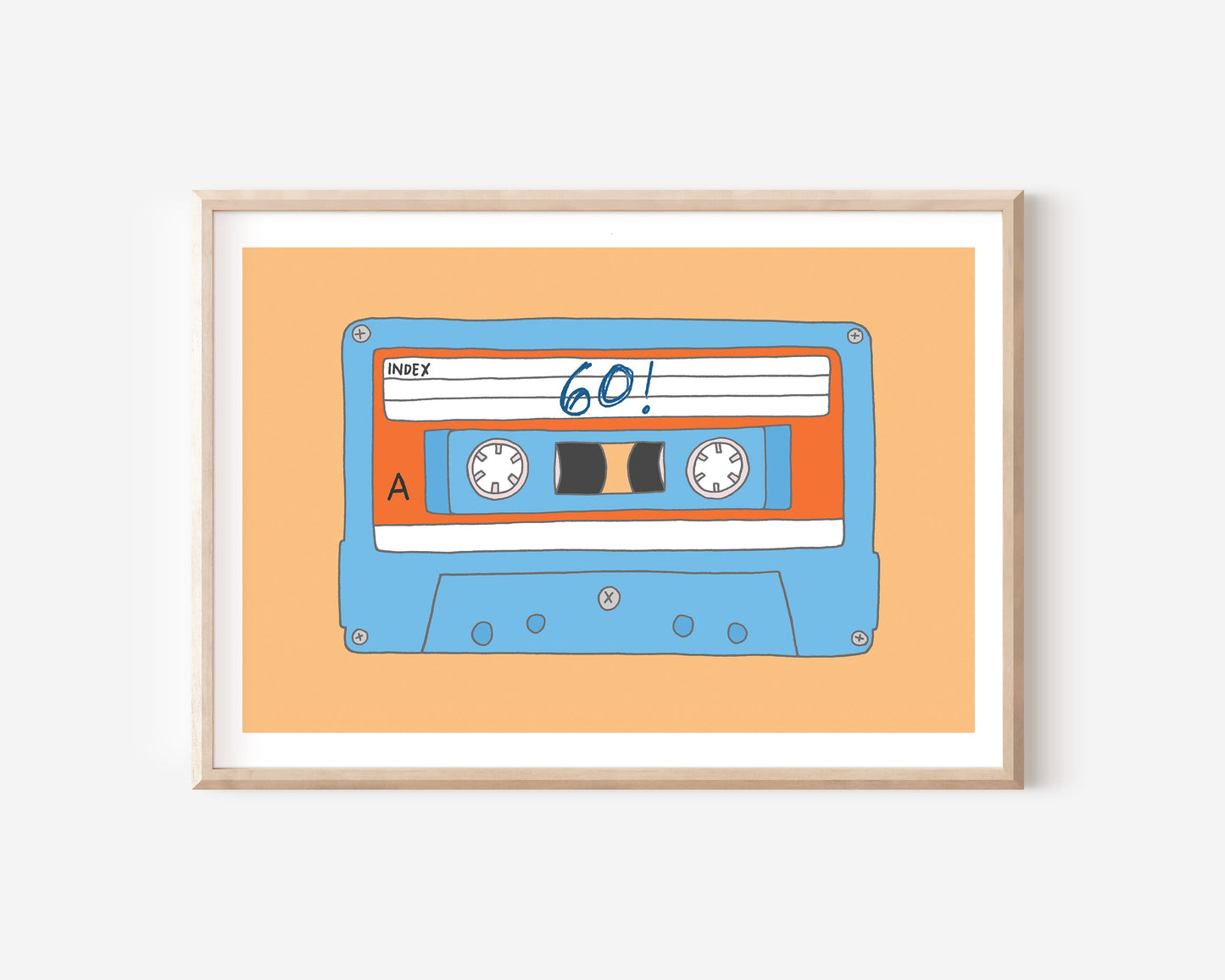 A 60th birthday A4 print with a cassette tape illustration