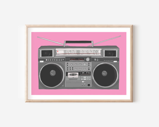An A4 print with a boombox illustration