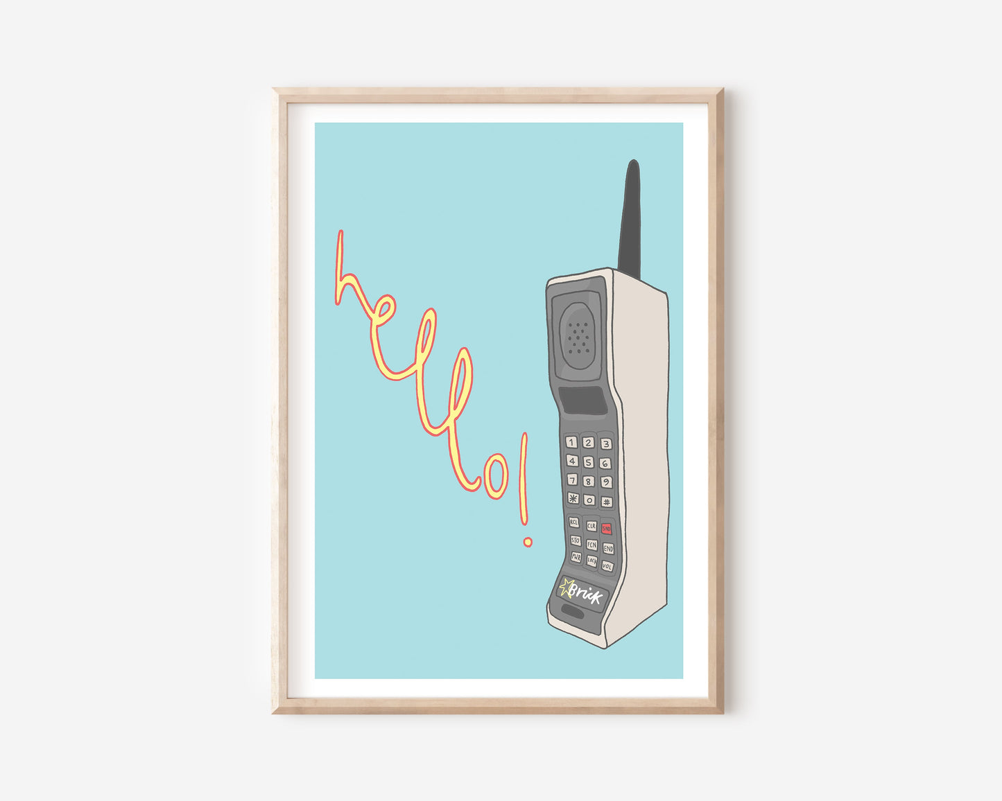 An A4 print with a brick phone illustration