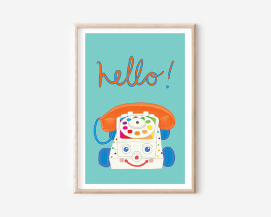 An A4 print with a toy phone illustration
