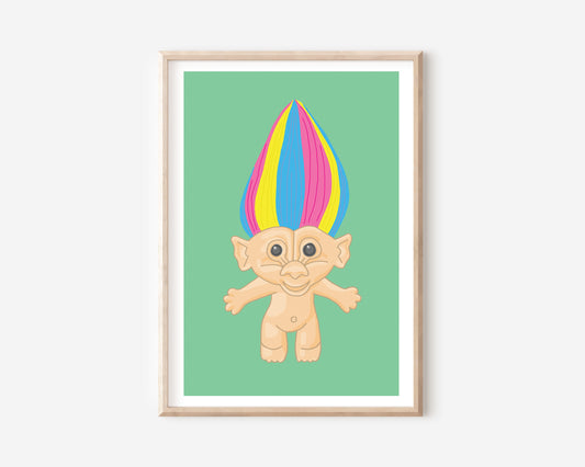 An A4 print with a toy troll illustration
