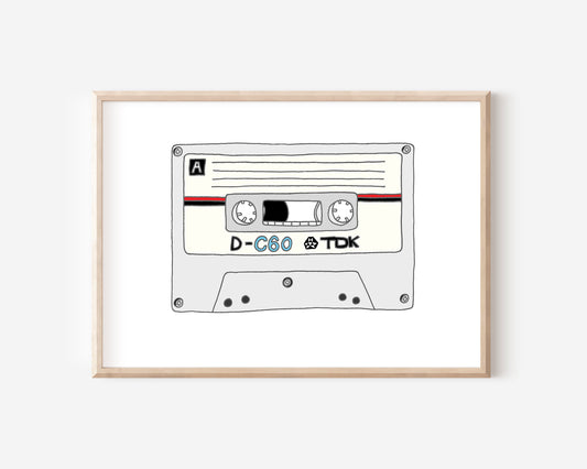 An A4 print with a cassette tape illustration