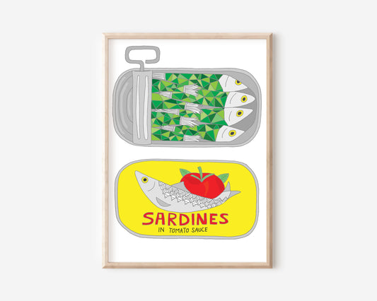 An A5 print with a green sardines illustration