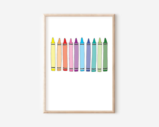 An A5 print with a crayons illustration