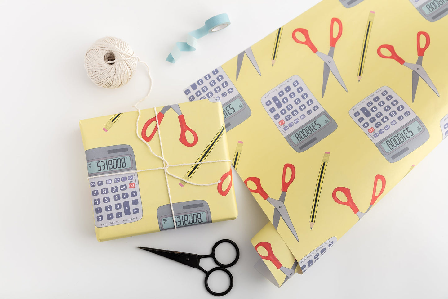 Boobies Calculator (Yellow) Gift Wrap from You've Got Pen on Your Face.