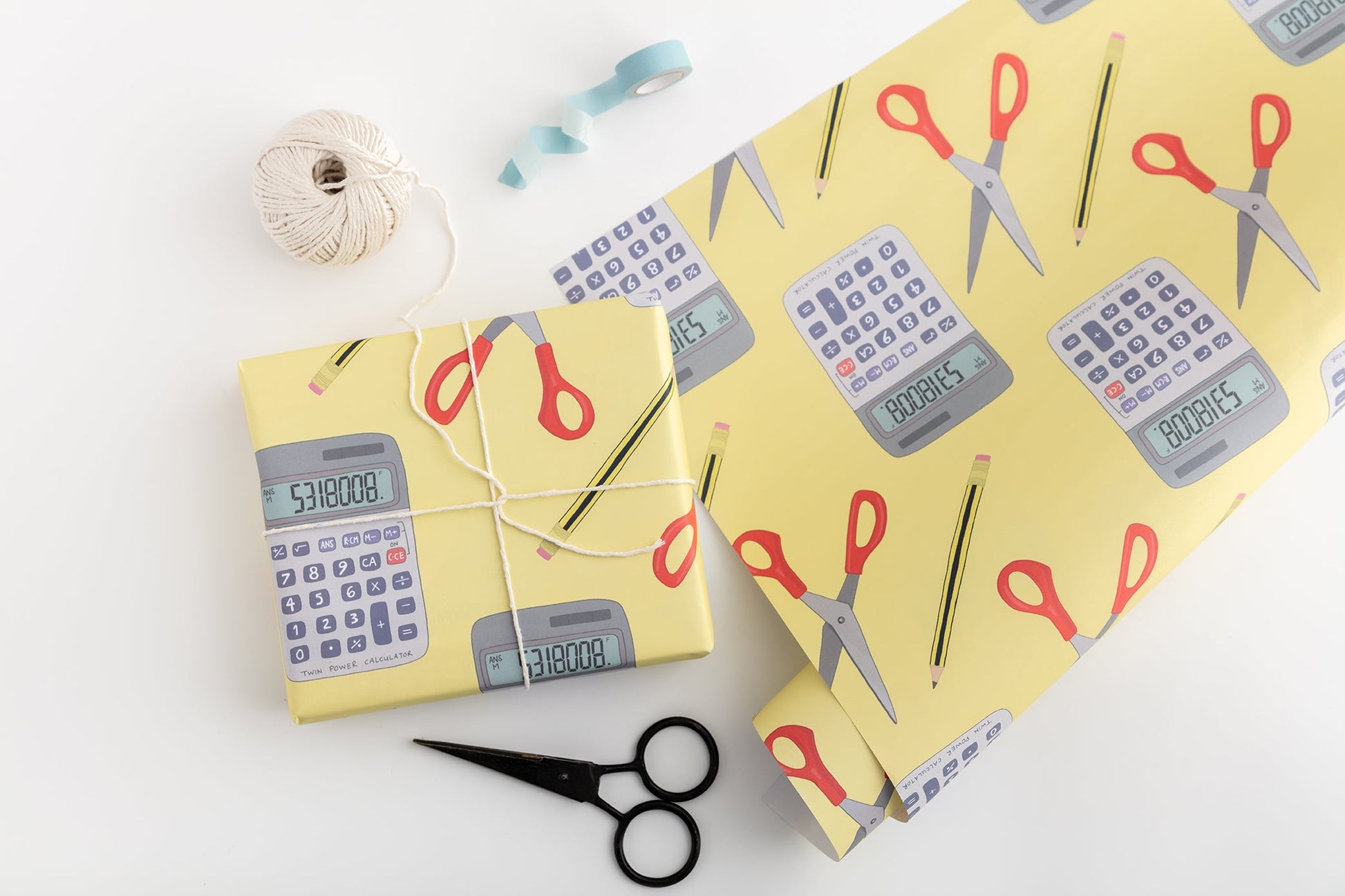 Boobies Calculator (Yellow) Gift Wrap from You've Got Pen on Your Face.
