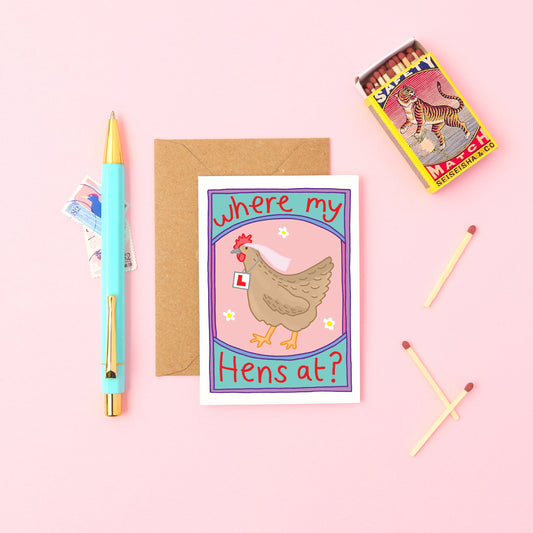 This mini card features a hen