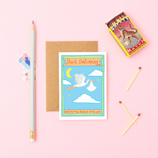 This mini card features a stork